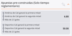 Apuestas pre-construidas de Betsson para el partido entre América y Deportivo Cali.